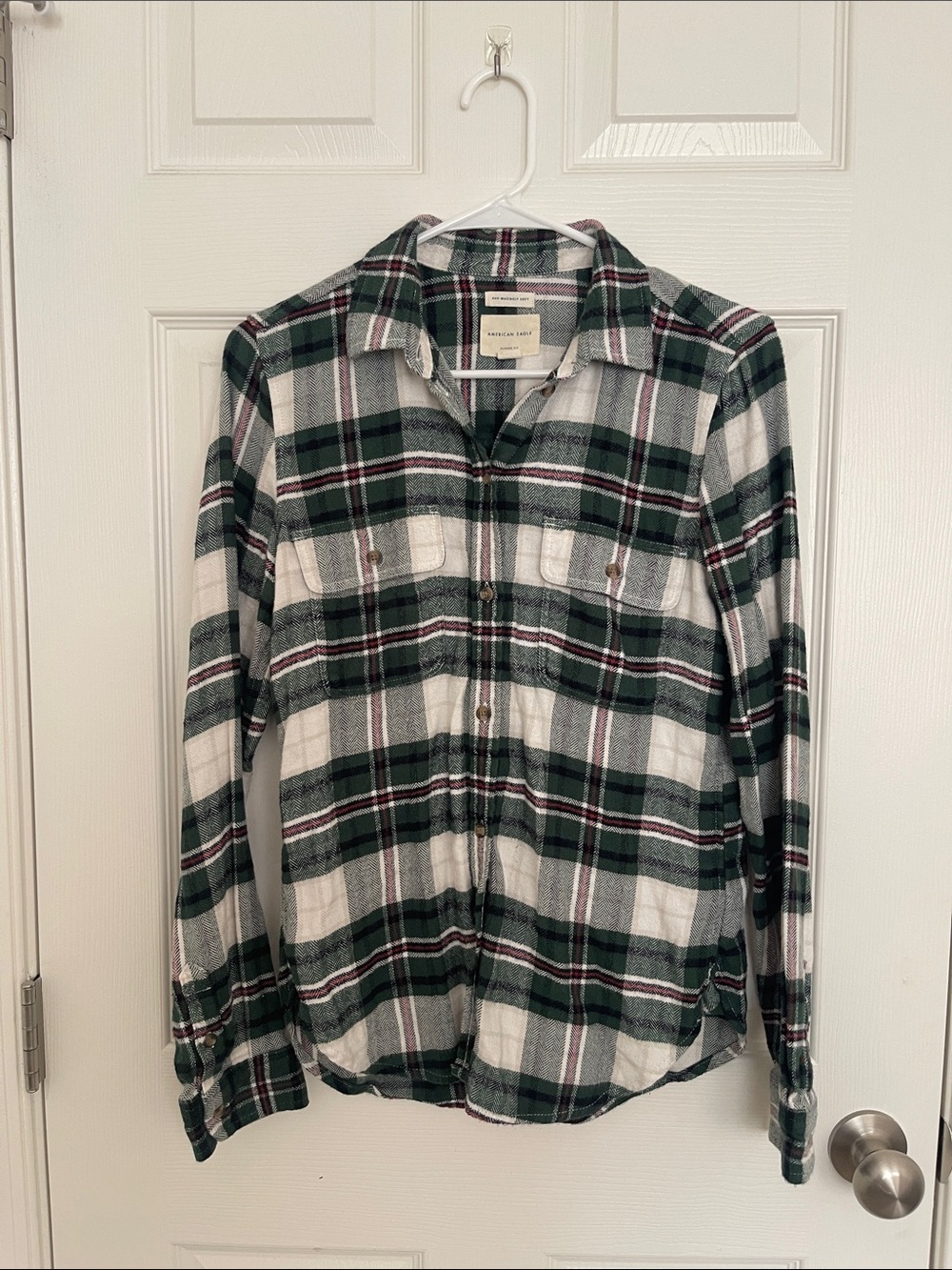 American Eagle Outfitters Green and White Plaid FlannelShirt